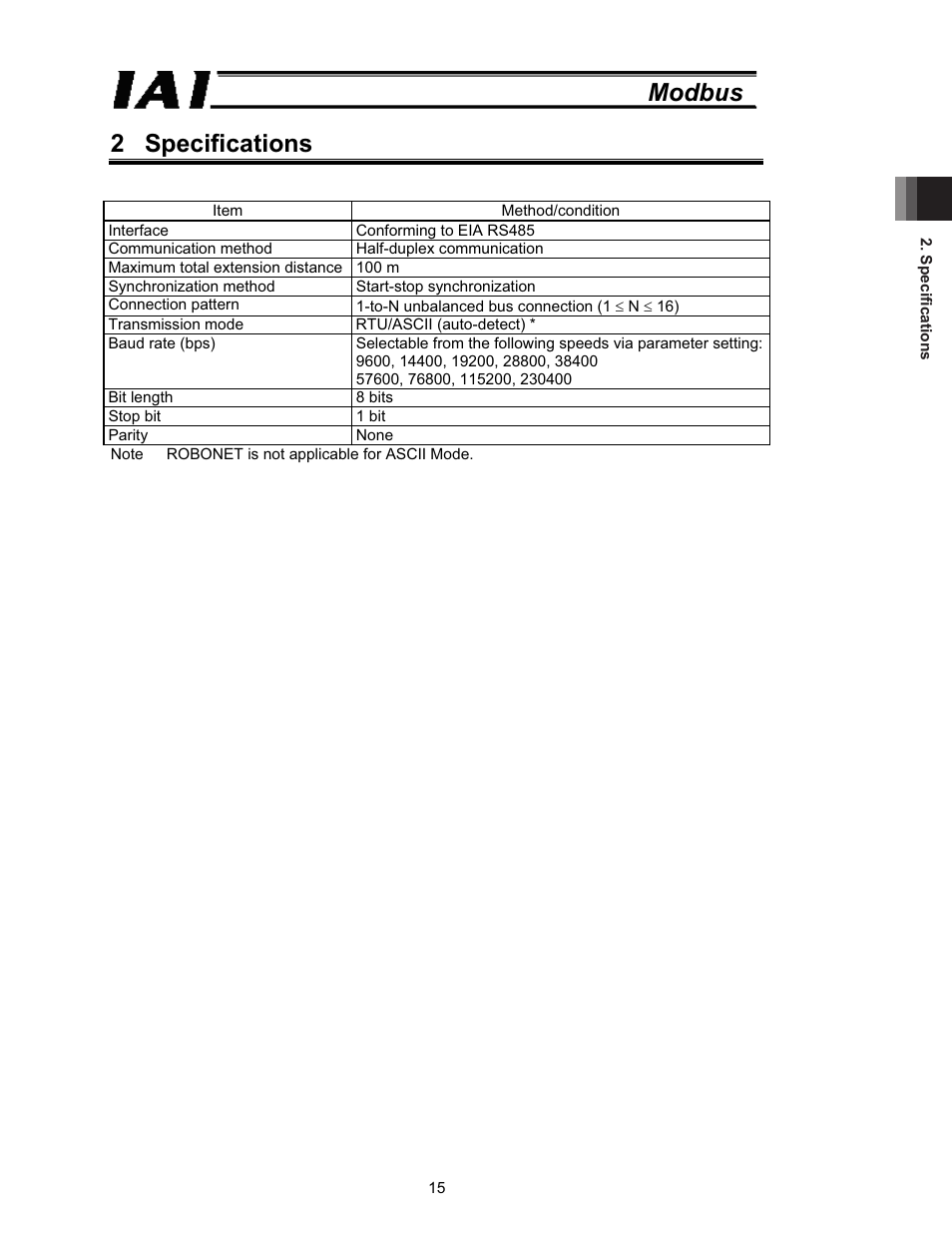 2 specifications, Modbus 2 specifications | IAI America ROBO Cylinder Series User Manual | Page 23 / 328