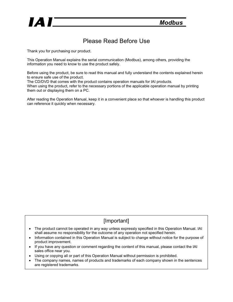 Please read before use, Modbus please read before use, Important | IAI America ROBO Cylinder Series User Manual | Page 3 / 328