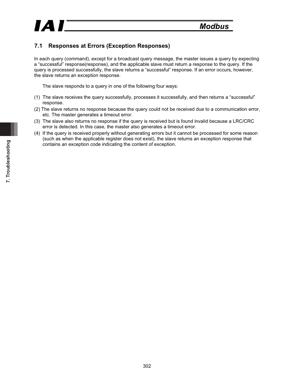 1 responses at errors (exception responses), Modbus | IAI America ROBO Cylinder Series User Manual | Page 310 / 328