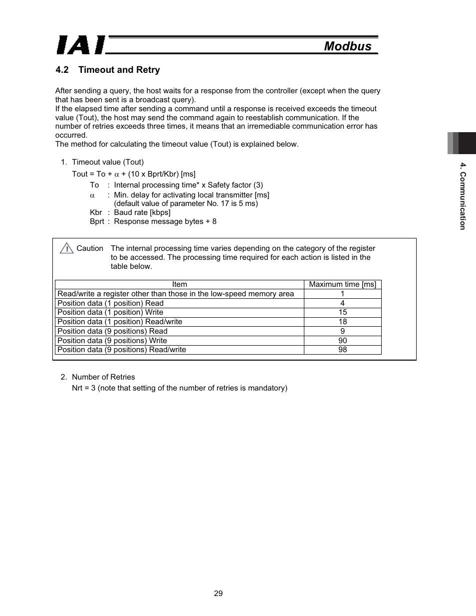 2 timeout and retry, Modbus | IAI America ROBO Cylinder Series User Manual | Page 37 / 328