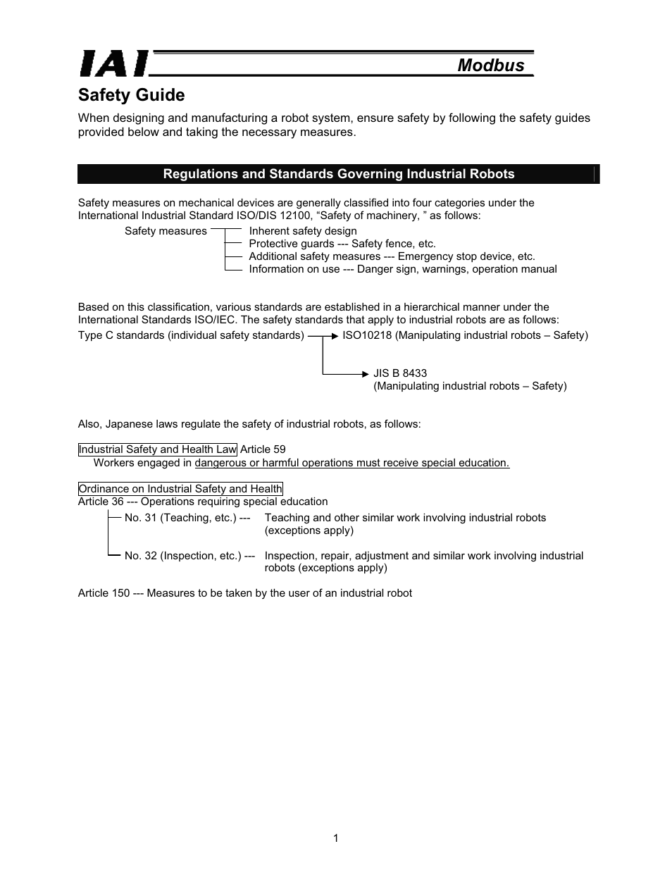 Safety guide, Modbus safety guide | IAI America ROBO Cylinder Series User Manual | Page 9 / 328