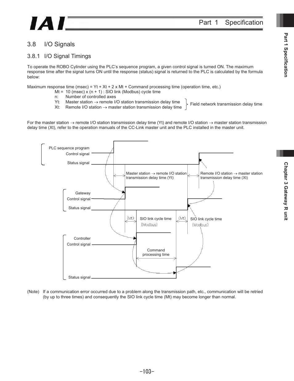 Part 1 specification, 8 i/o signals, 1 i/o signal timings | IAI America REXT User Manual | Page 103 / 443