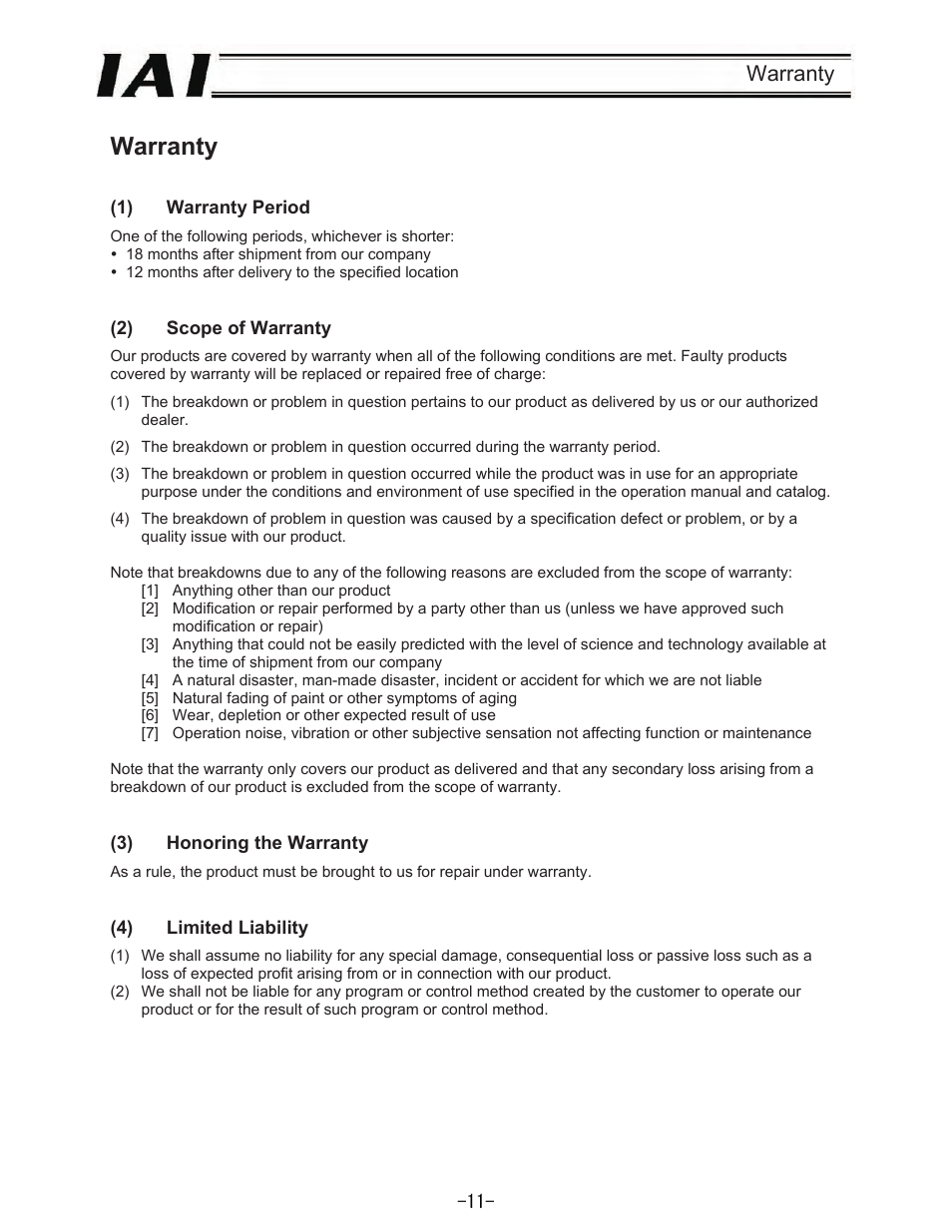 Warranty | IAI America REXT User Manual | Page 11 / 443
