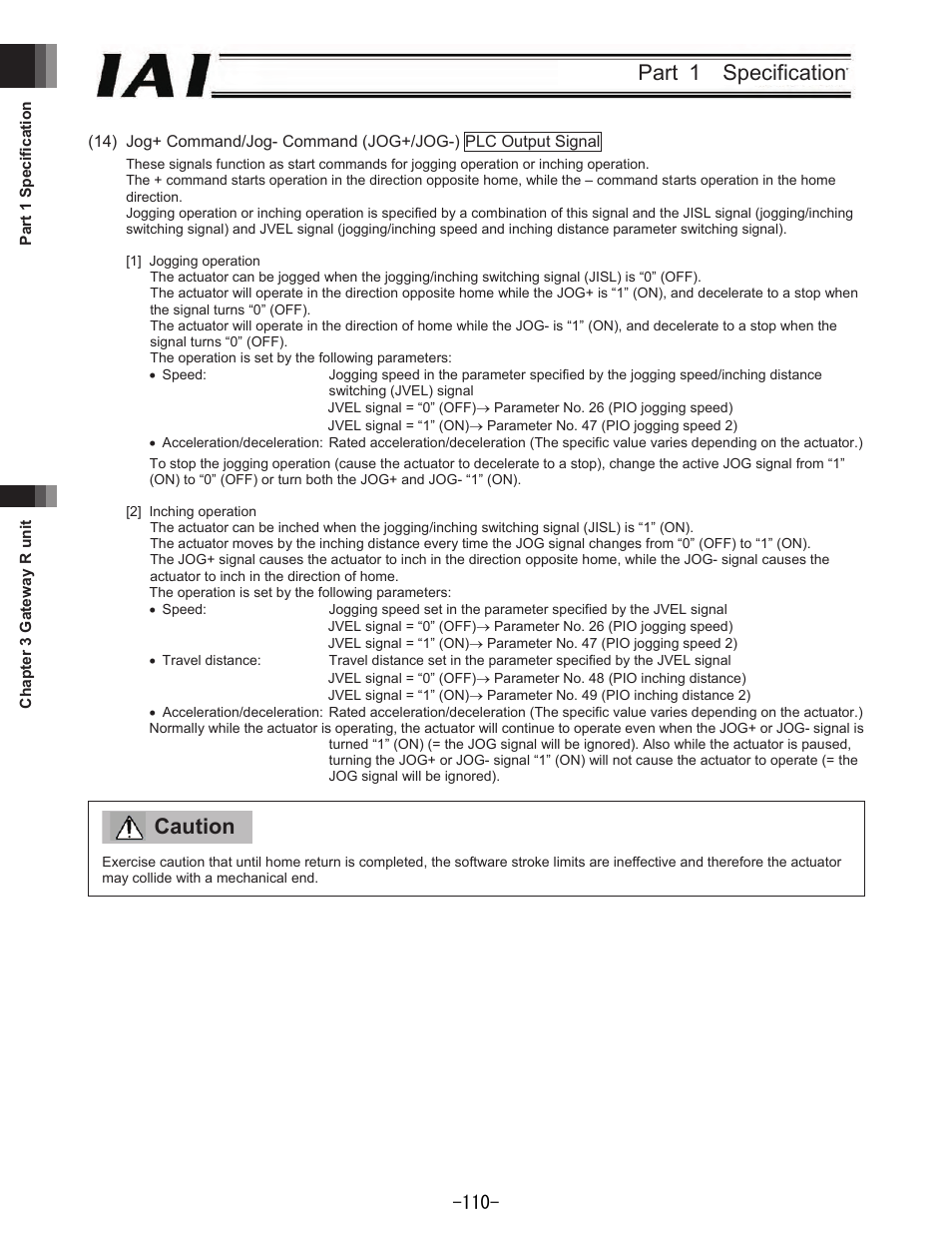 Part 1 specification, Caution | IAI America REXT User Manual | Page 110 / 443