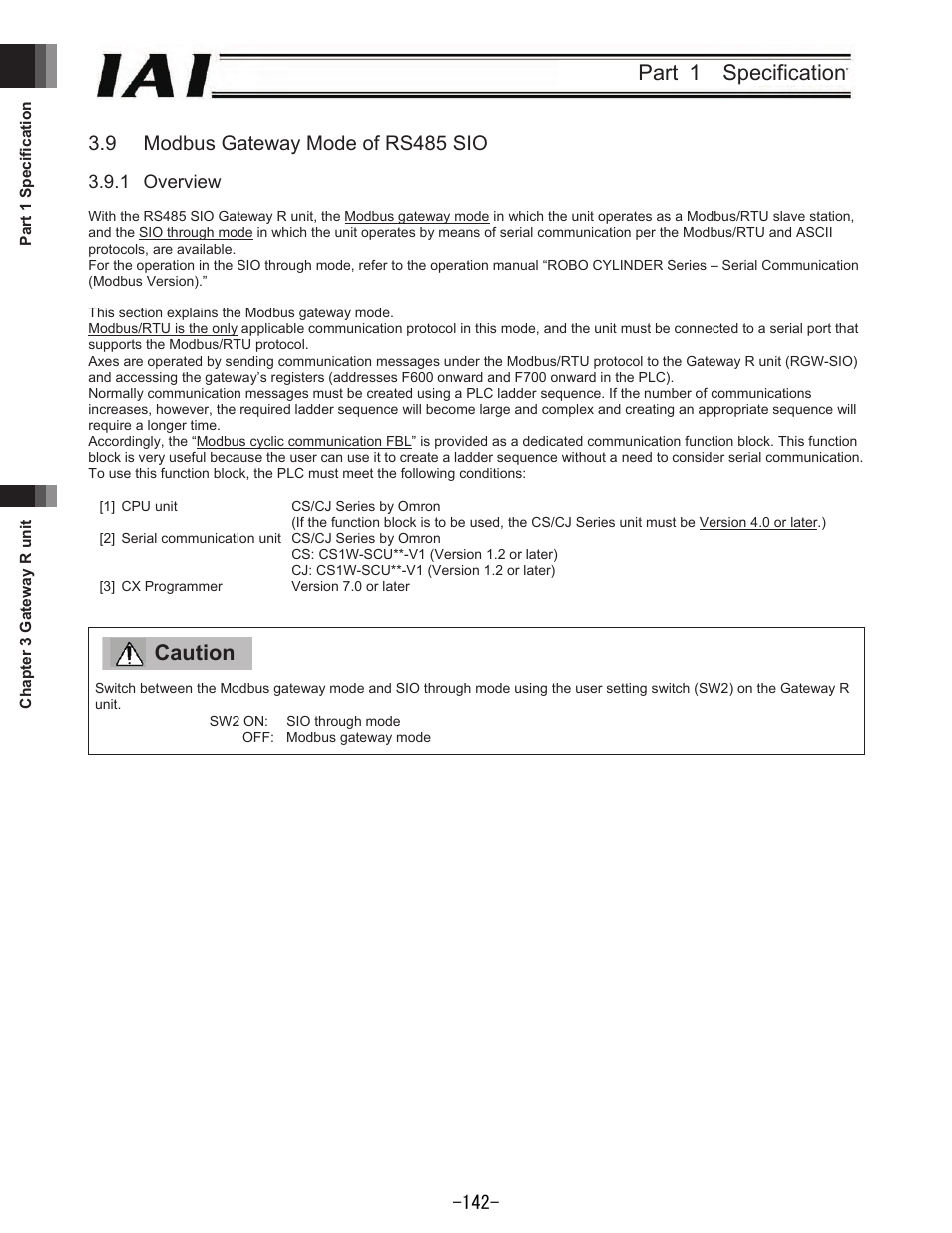 Part 1 specification, Caution, 9 modbus gateway mode of rs485 sio | IAI America REXT User Manual | Page 142 / 443