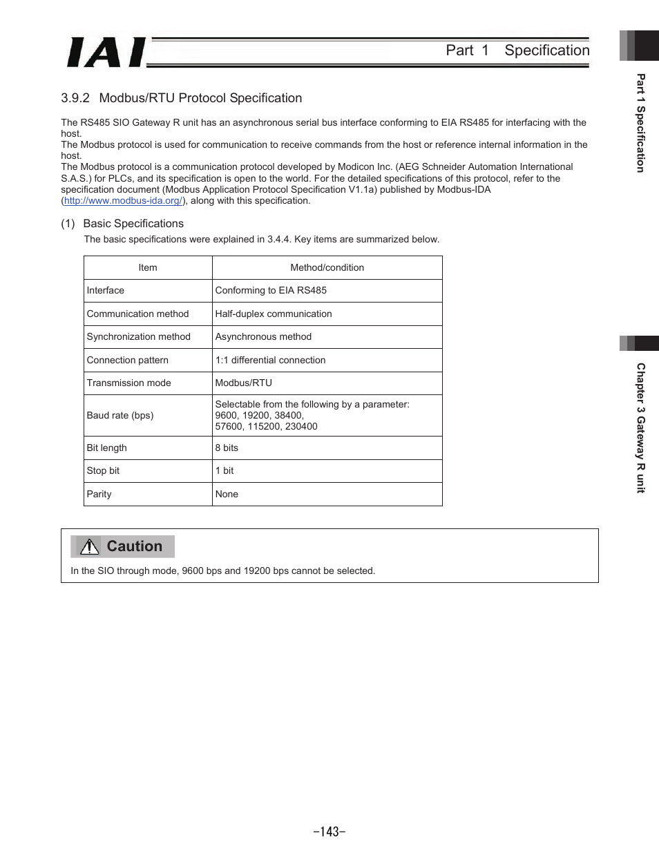 Part 1 specification, Caution | IAI America REXT User Manual | Page 143 / 443
