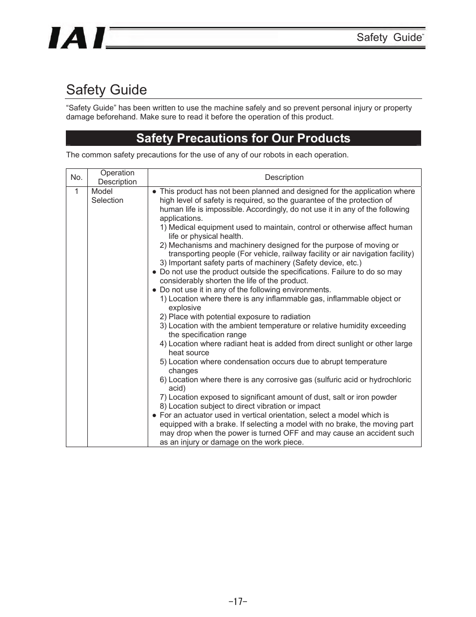 Safety precautions for our products, Safety guide | IAI America REXT User Manual | Page 17 / 443