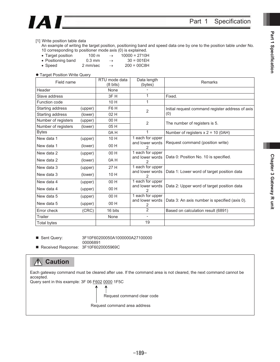 Part 1 specification, Caution | IAI America REXT User Manual | Page 189 / 443