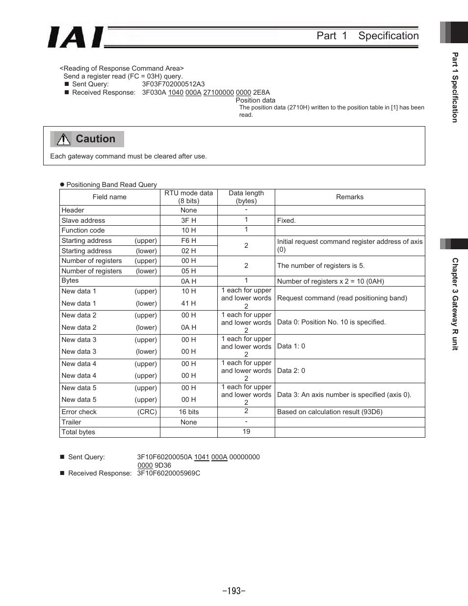 Part 1 specification, Caution | IAI America REXT User Manual | Page 193 / 443