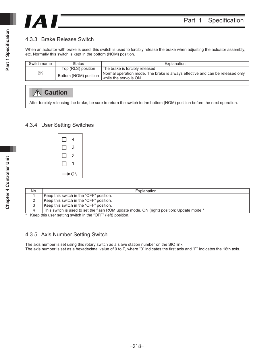 Part 1 specification, Caution | IAI America REXT User Manual | Page 218 / 443