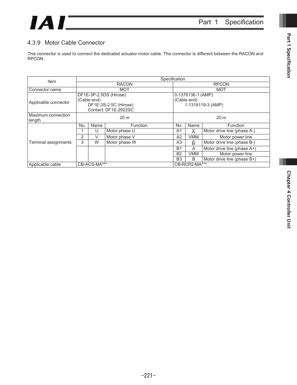 Part 1 specification, 9 motor cable connector | IAI America REXT User Manual | Page 221 / 443
