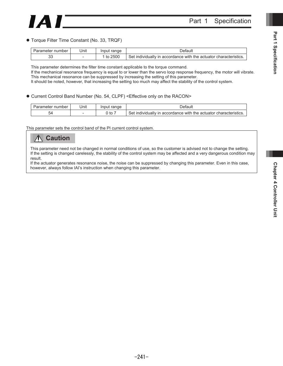 Part 1 specification, Caution | IAI America REXT User Manual | Page 241 / 443