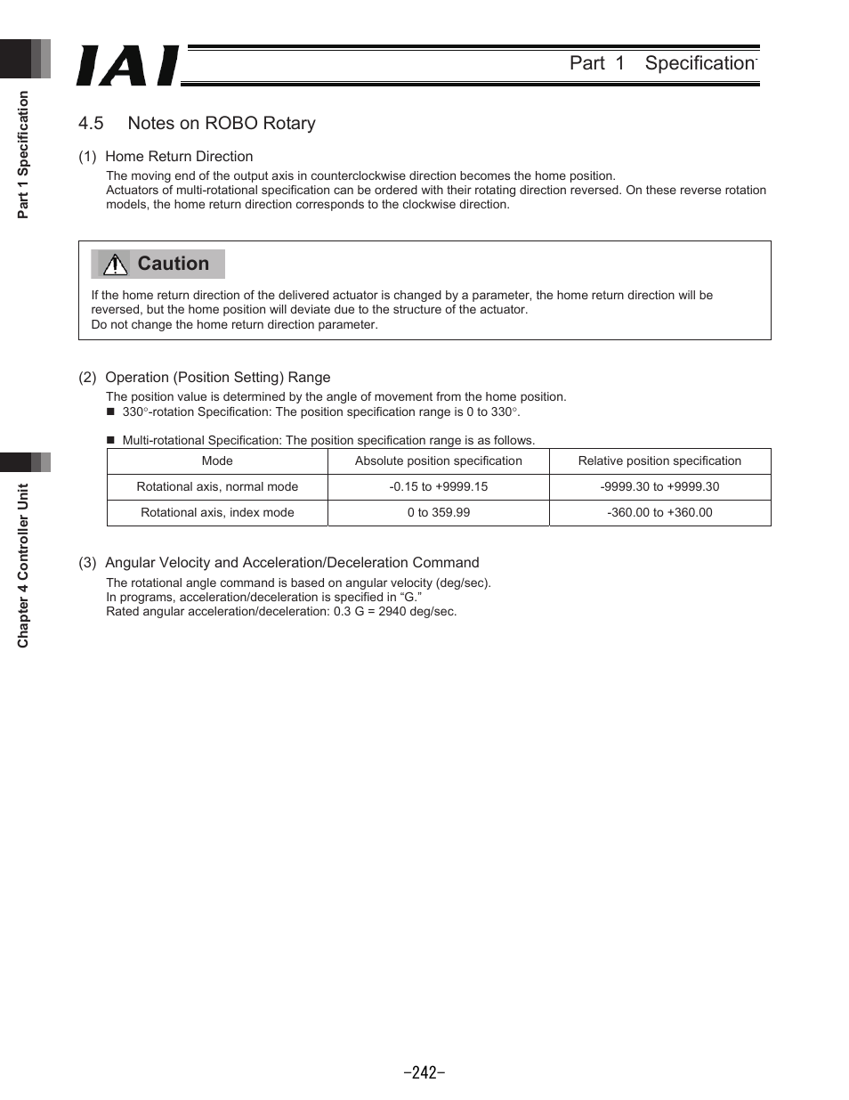 Part 1 specification, Caution | IAI America REXT User Manual | Page 242 / 443