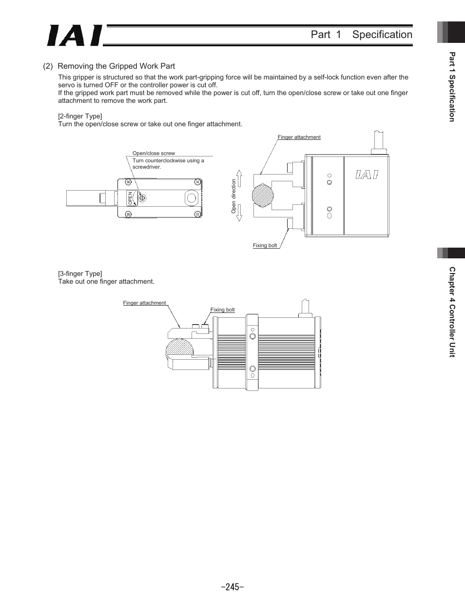 Part 1 specification, 2) removing the gripped work part | IAI America REXT User Manual | Page 245 / 443