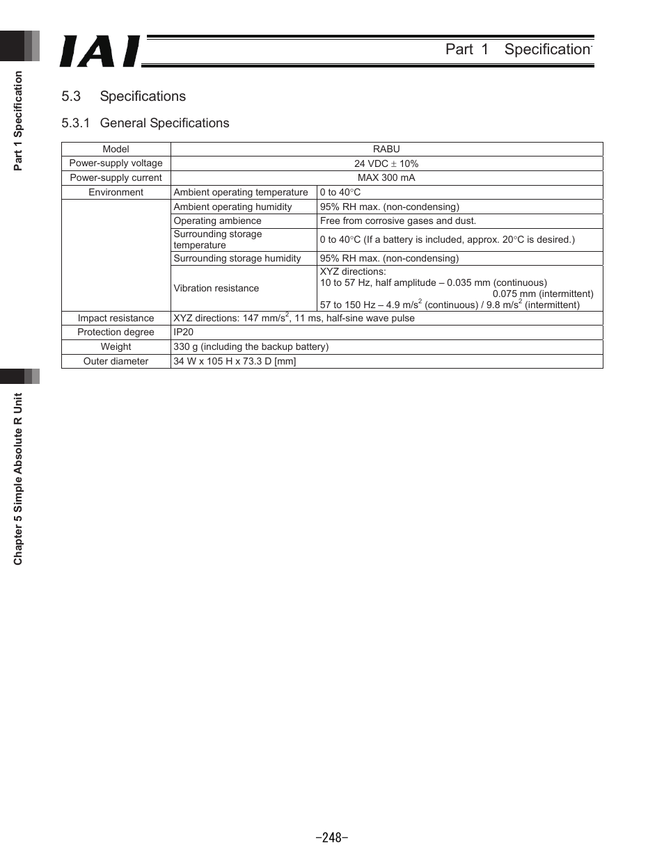 Part 1 specification, 3 specifications, 1 general specifications | IAI America REXT User Manual | Page 248 / 443