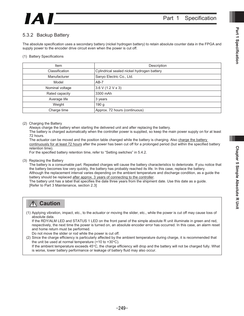 Part  specification, Caution, Backup battery | IAI America REXT User Manual | Page 249 / 443