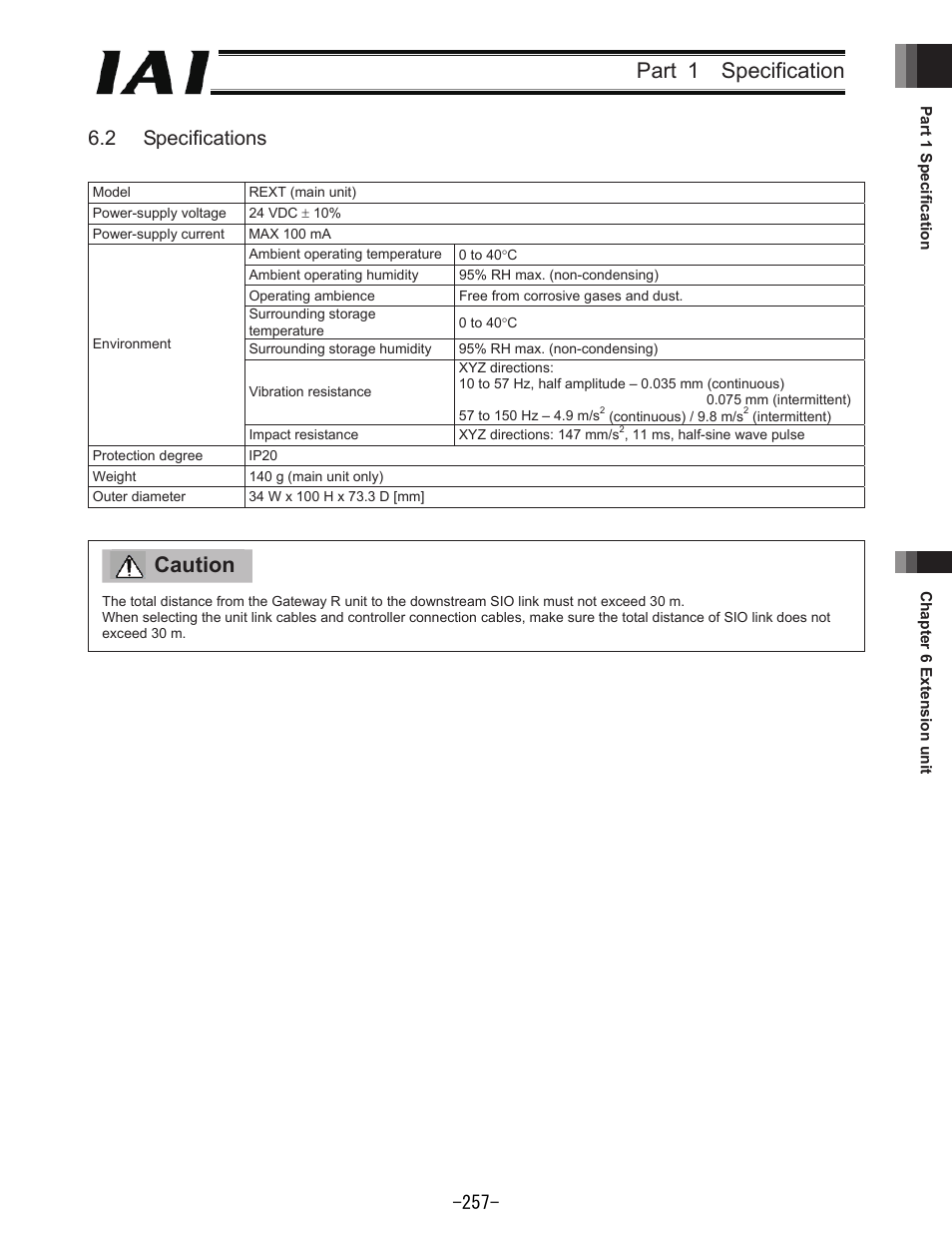 Part 1 specification, Caution, 2 specifications | IAI America REXT User Manual | Page 257 / 443