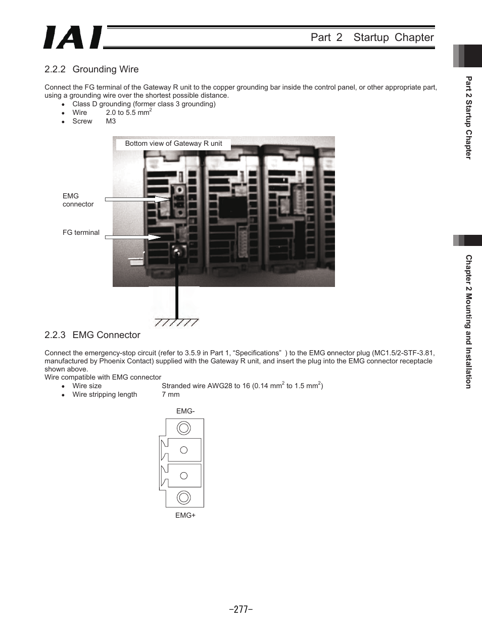 Part  startup chapter, Grounding wire, Emg connector | IAI America REXT User Manual | Page 277 / 443