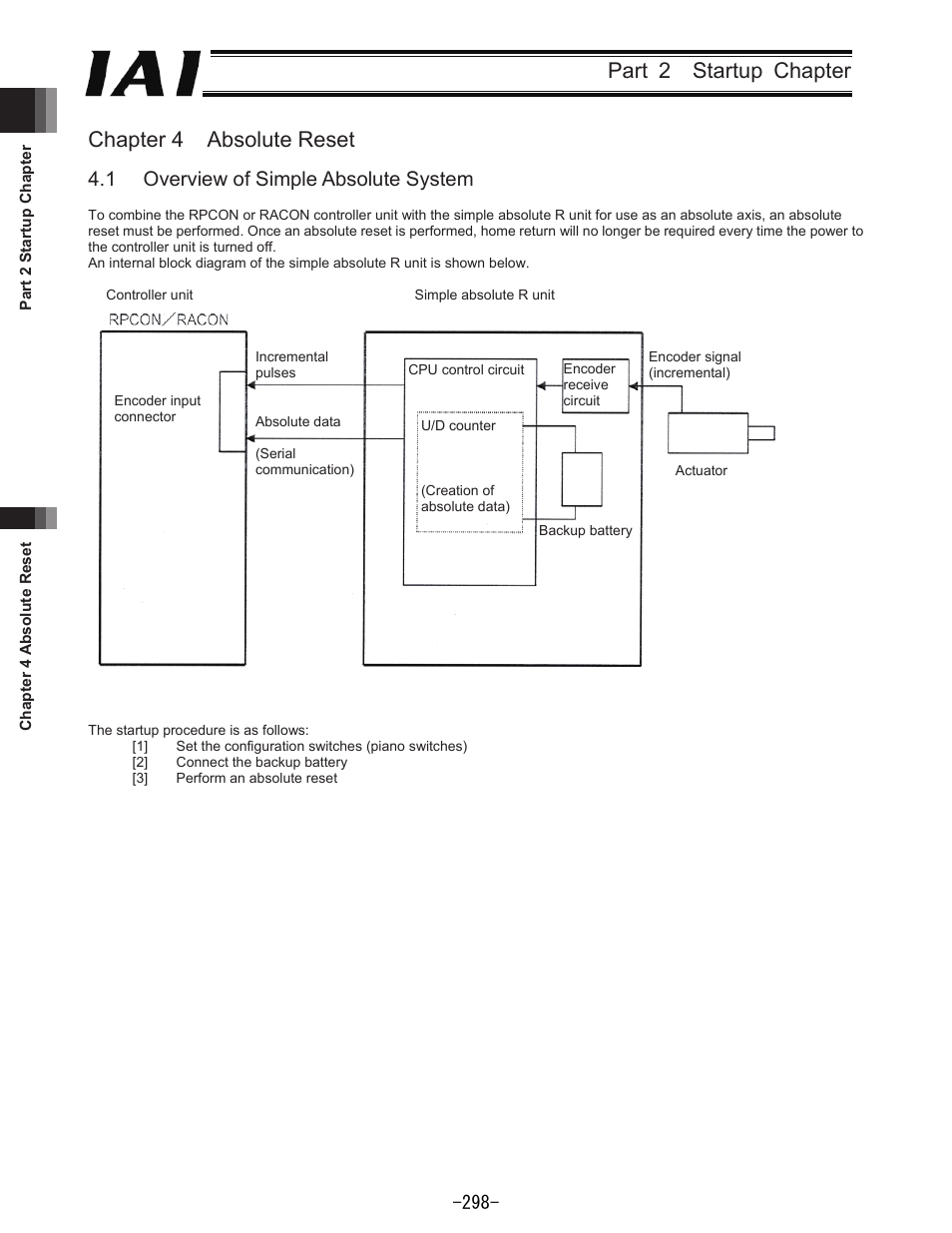 Part 2 startup chapter chapter 4 absolute reset, 1 overview of simple absolute system | IAI America REXT User Manual | Page 298 / 443