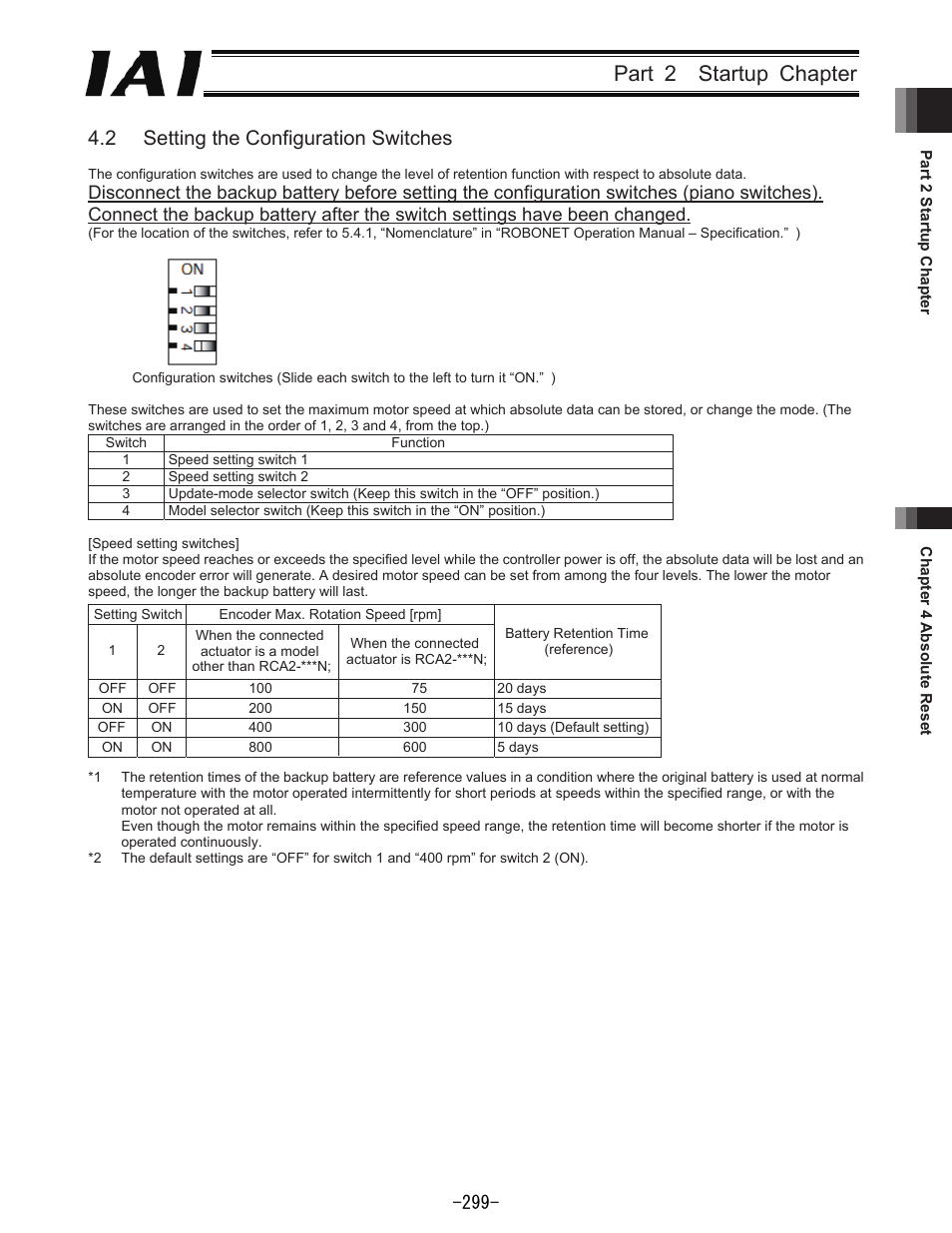 Part  startup chapter, Setting the configuration switches | IAI America REXT User Manual | Page 299 / 443