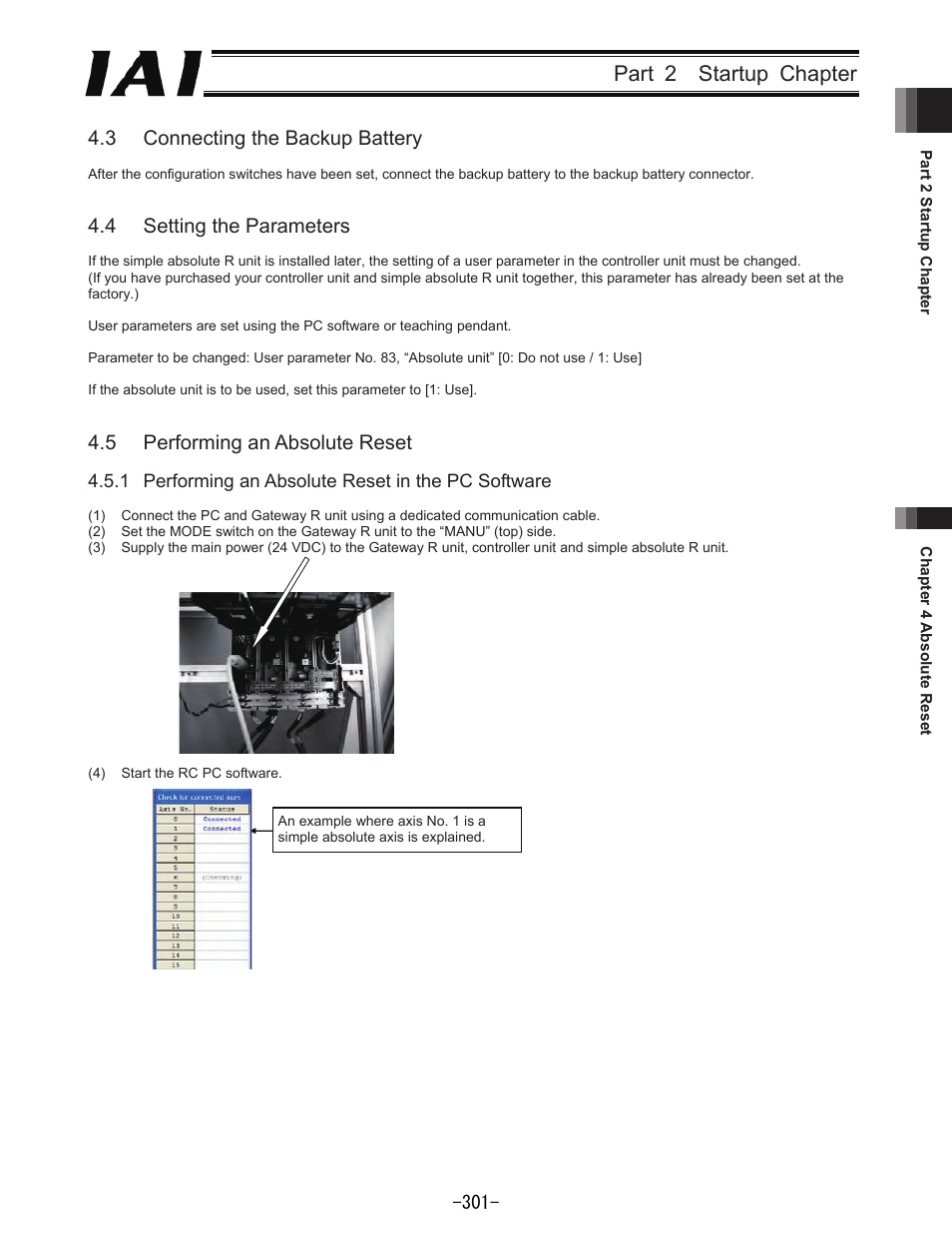 Part 2 startup chapter, 3 connecting the backup battery, 4 setting the parameters | 5 performing an absolute reset | IAI America REXT User Manual | Page 301 / 443