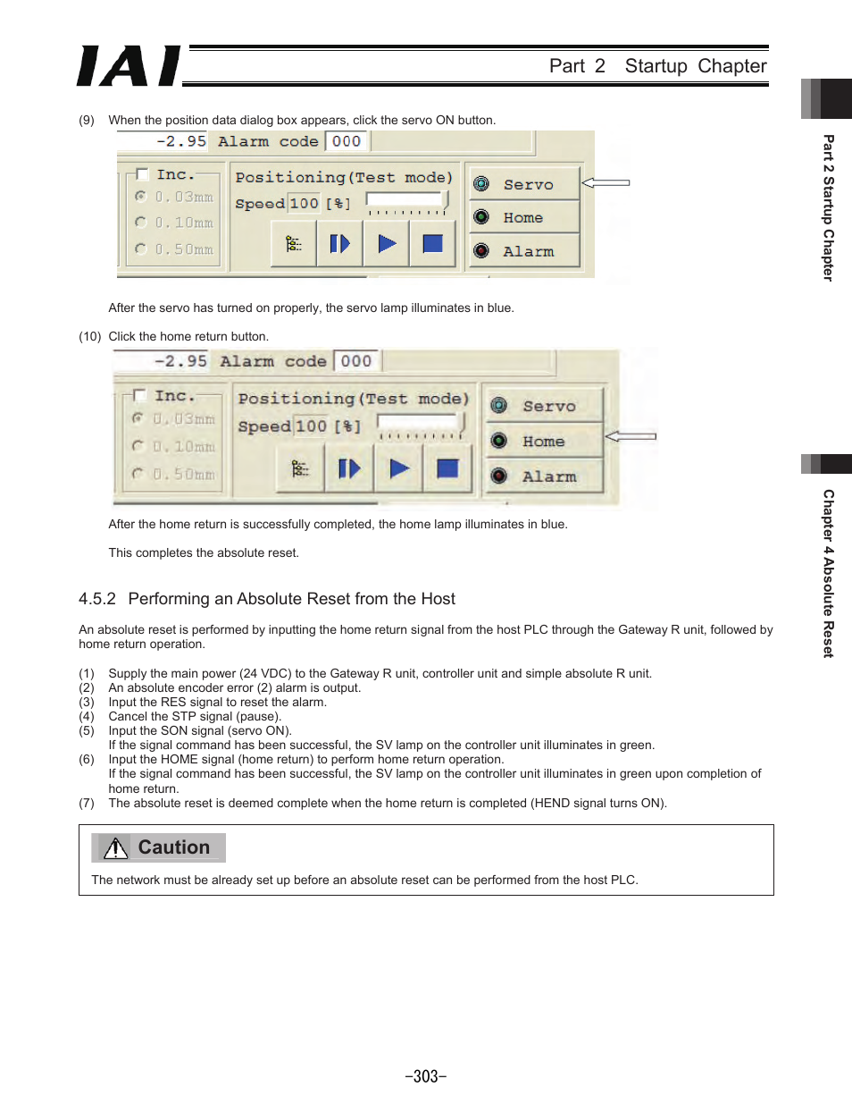 Part 2 startup chapter, Caution | IAI America REXT User Manual | Page 303 / 443