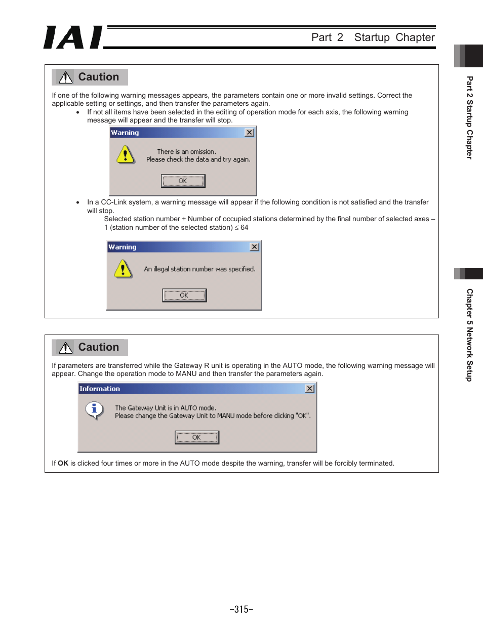 Part 2 startup chapter caution, Caution | IAI America REXT User Manual | Page 315 / 443