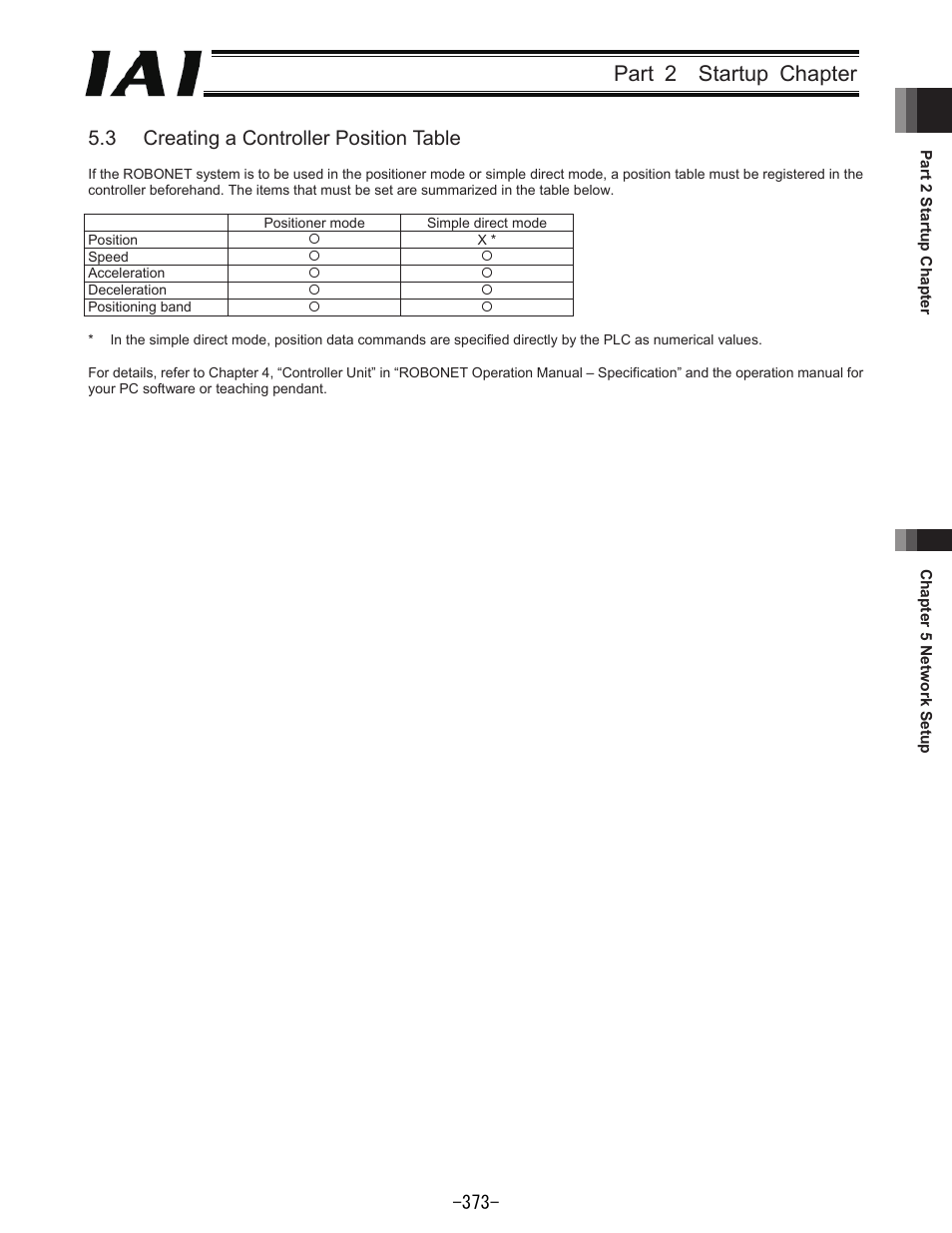 Part 2 startup chapter, 3 creating a controller position table | IAI America REXT User Manual | Page 373 / 443