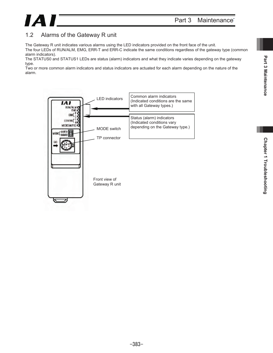 Part 3 maintenance, 2 alarms of the gateway r unit | IAI America REXT User Manual | Page 383 / 443