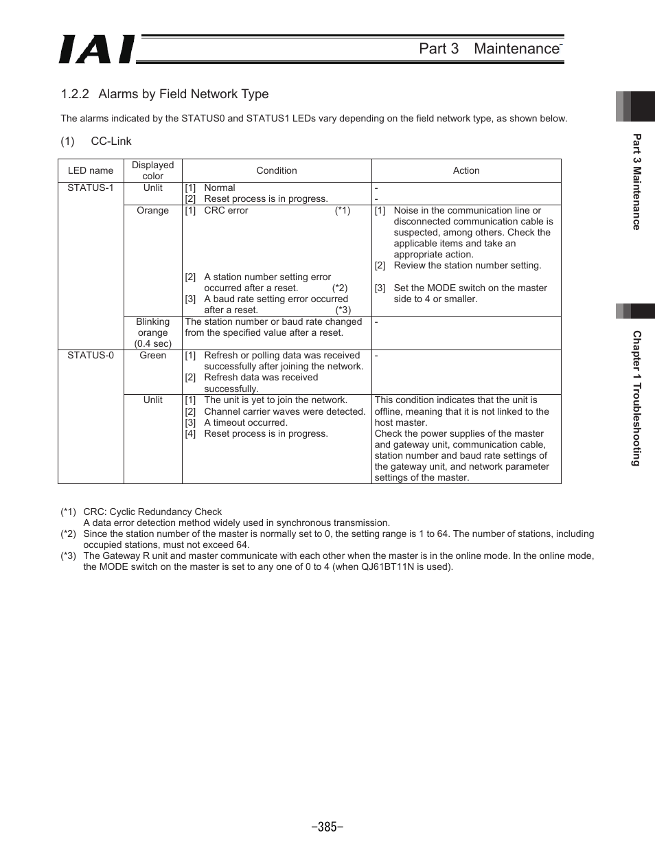 Part 3 maintenance, 2 alarms by field network type | IAI America REXT User Manual | Page 385 / 443