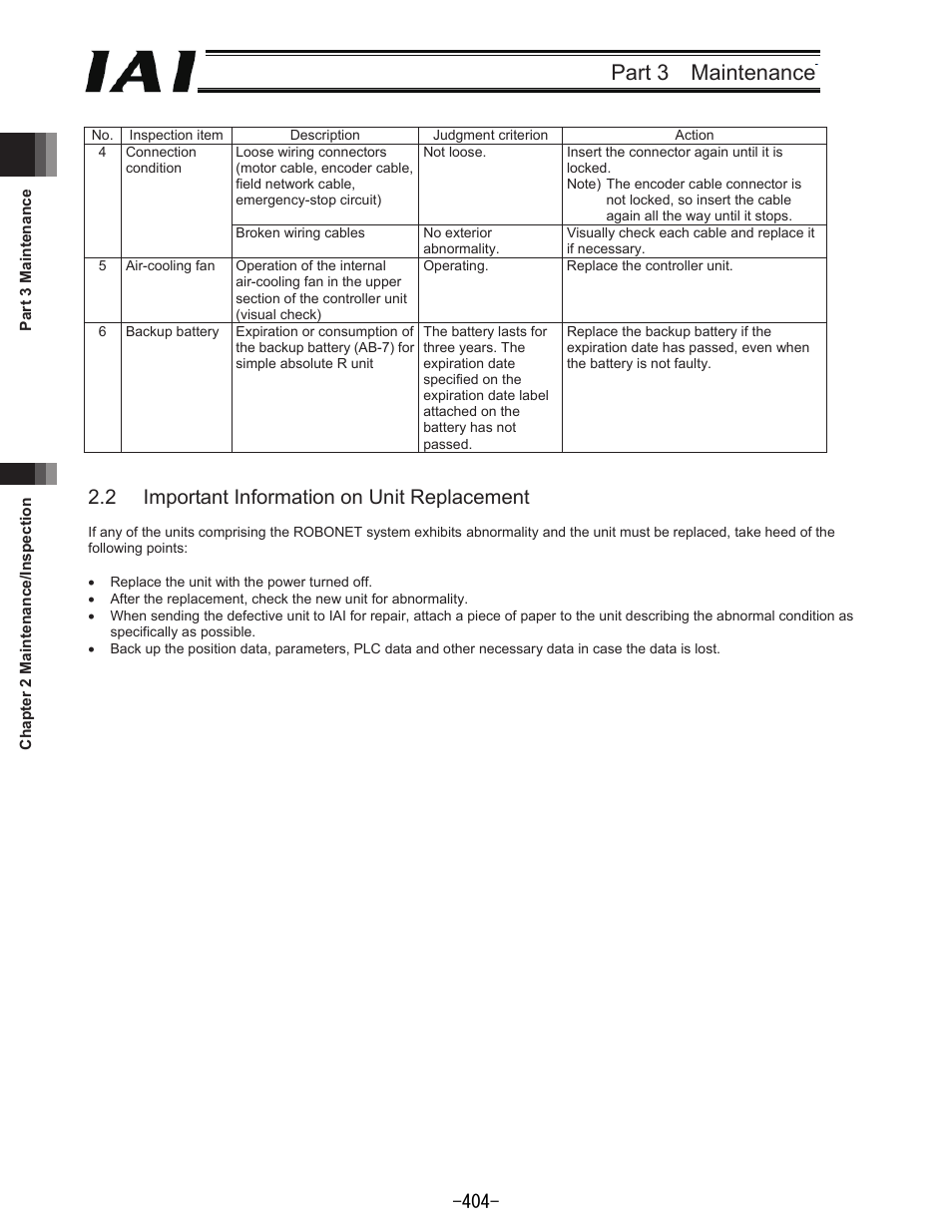 Part 3 maintenance, 2 important information on unit replacement | IAI America REXT User Manual | Page 404 / 443