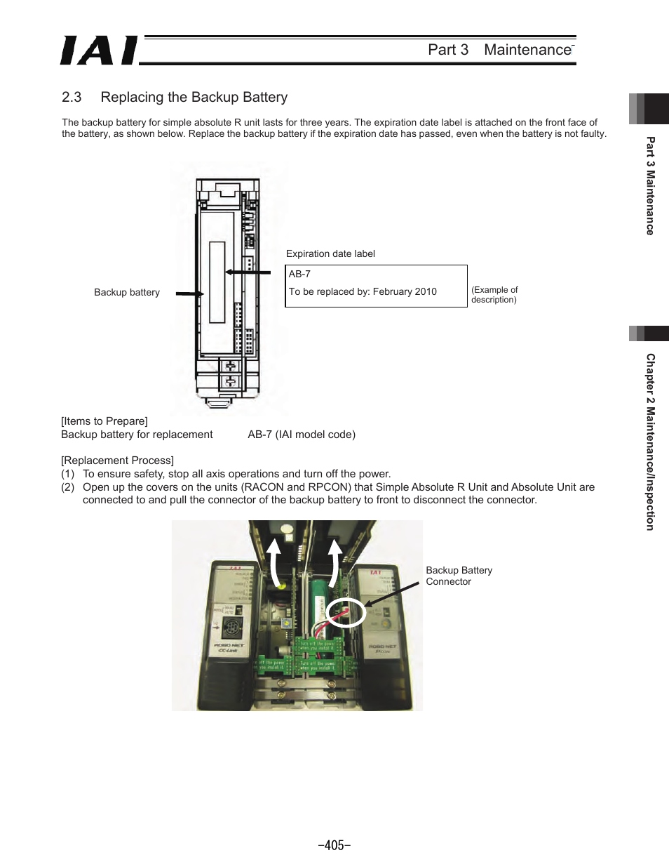 Part 3 maintenance, 3 replacing the backup battery | IAI America REXT User Manual | Page 405 / 443
