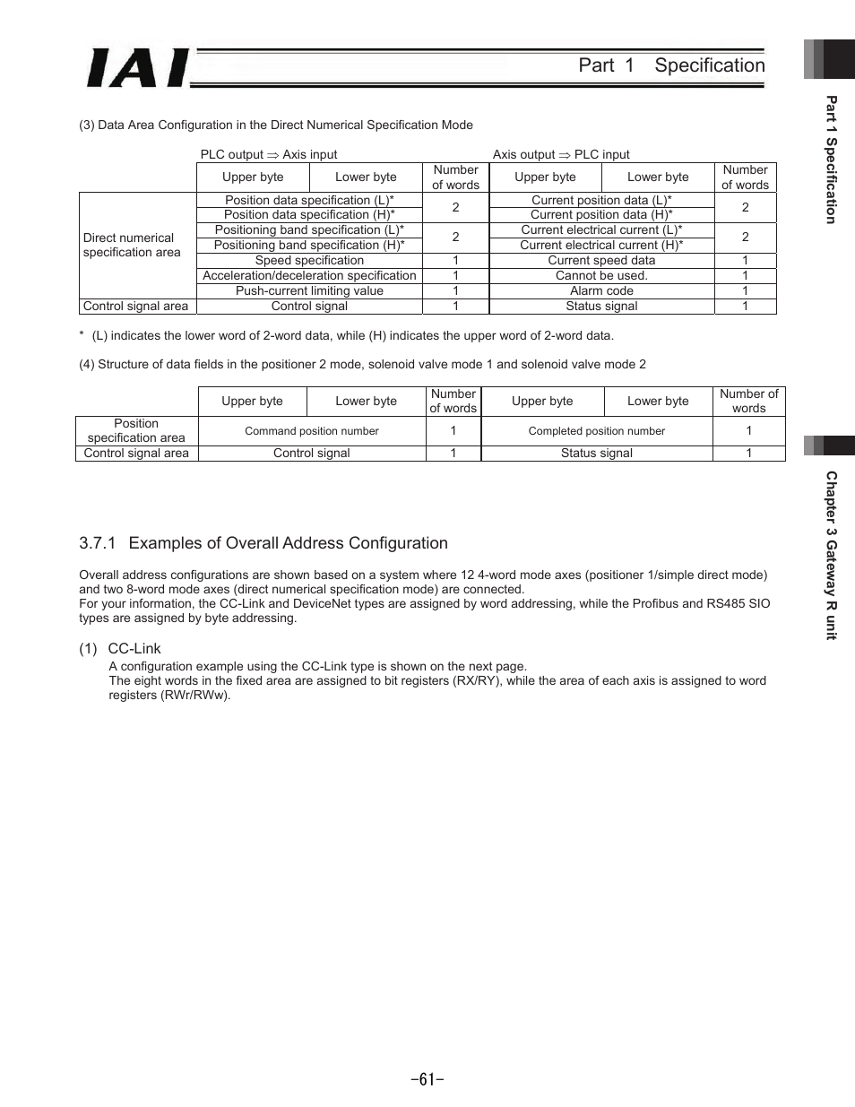 Part 1 specification, 1 examples of overall address configuration | IAI America REXT User Manual | Page 61 / 443