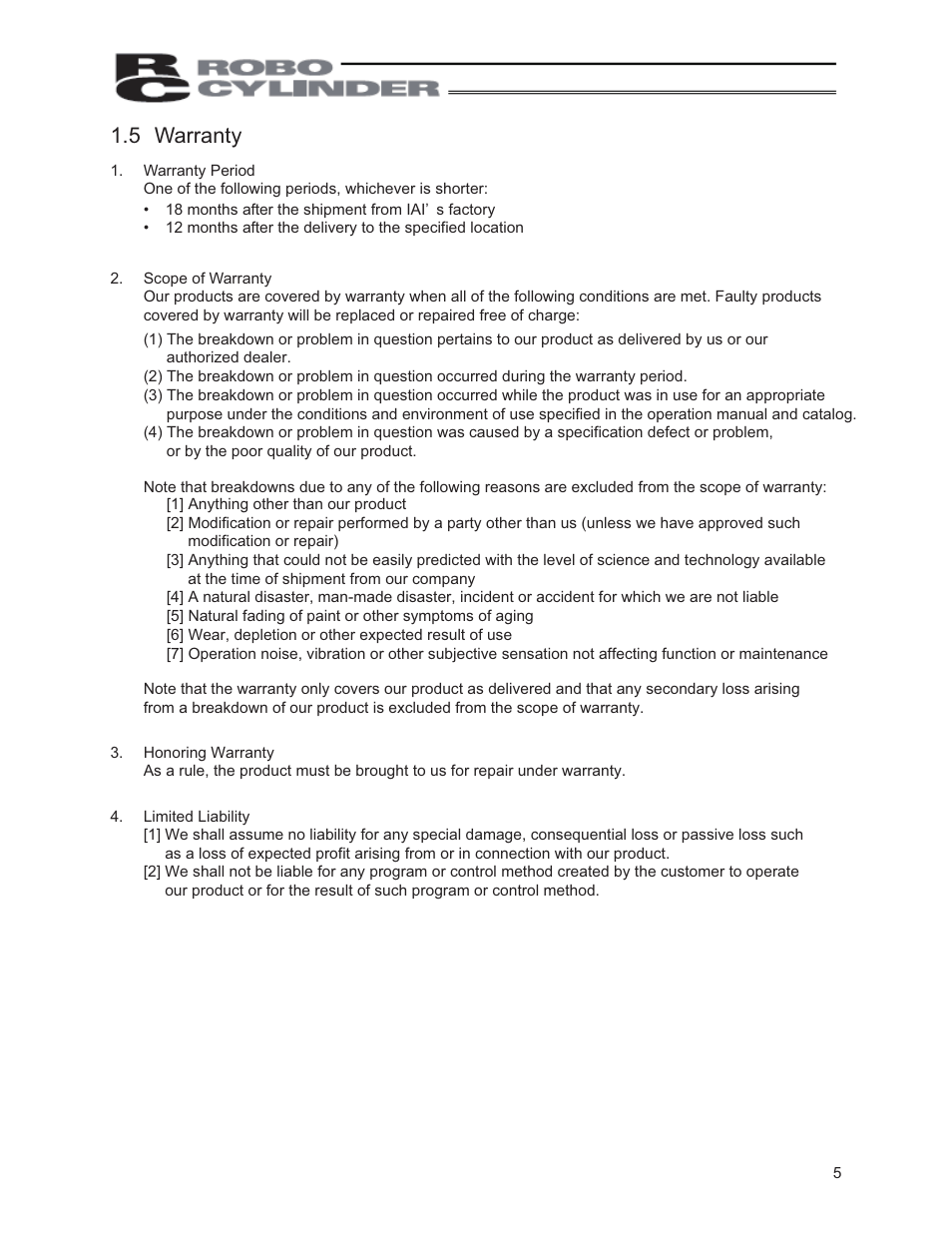 5 warranty | IAI America PCON-ABU User Manual | Page 23 / 60