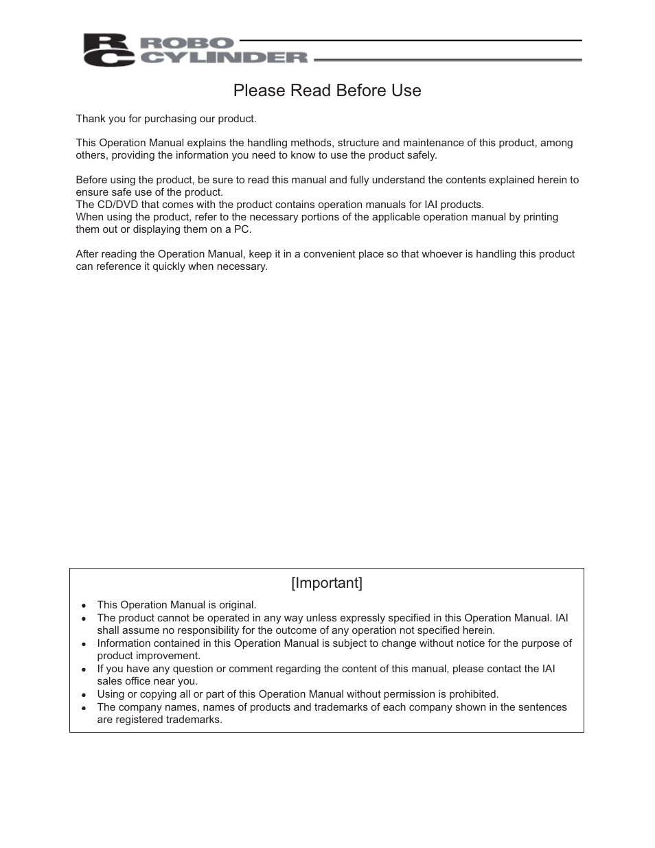Please read before use, Important | IAI America PCON-ABU User Manual | Page 3 / 60