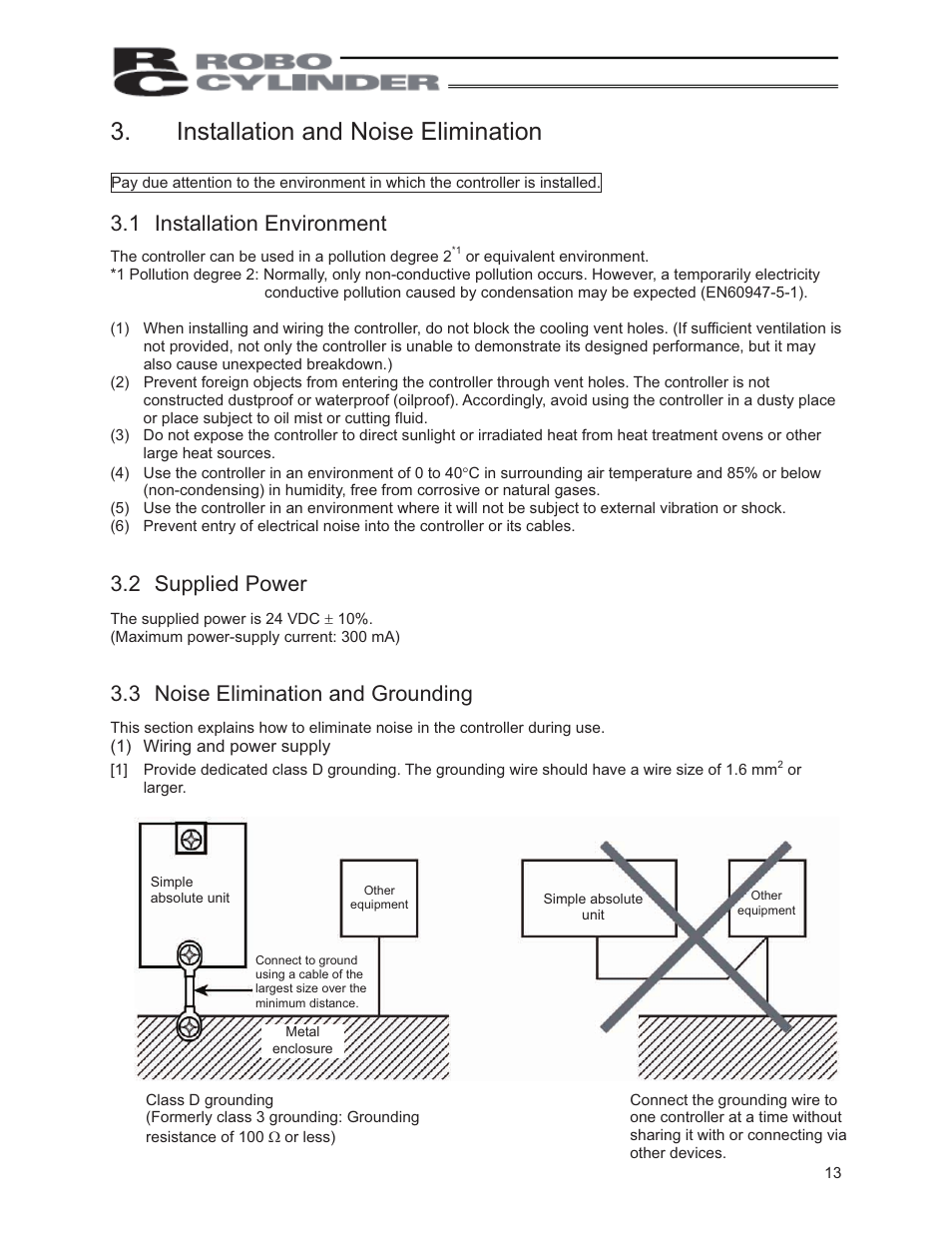 Installation and noise elimination, 1 installation environment, 2 supplied power | 3 noise elimination and grounding | IAI America PCON-ABU User Manual | Page 31 / 60