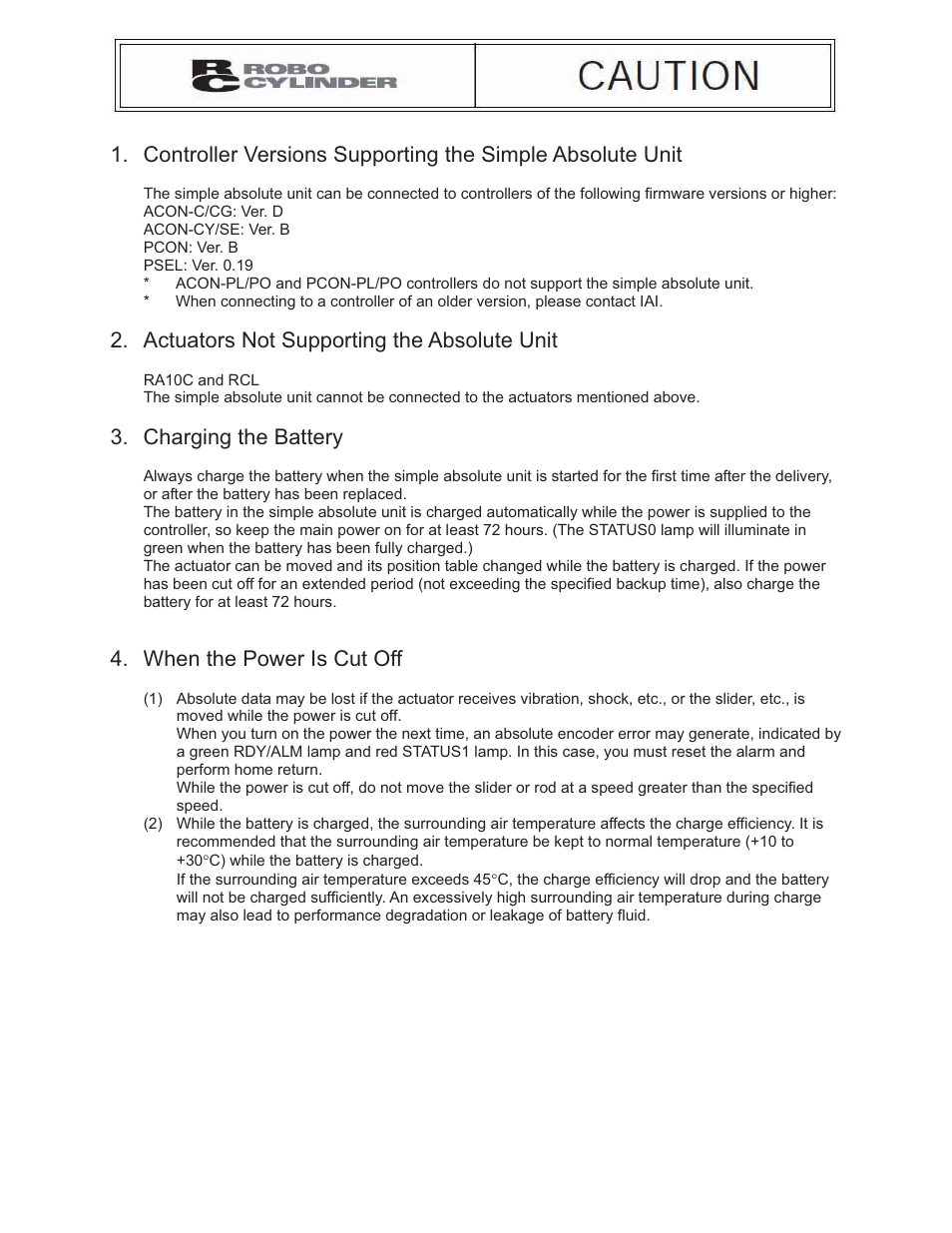 Actuators not supporting the absolute unit, Charging the battery, When the power is cut off | IAI America PCON-ABU User Manual | Page 5 / 60