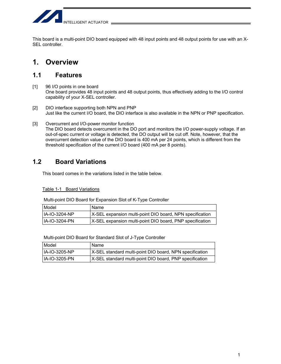 Overview, 1 features, 2 board variations | IAI America IA-IO-3205-PN User Manual | Page 2 / 14