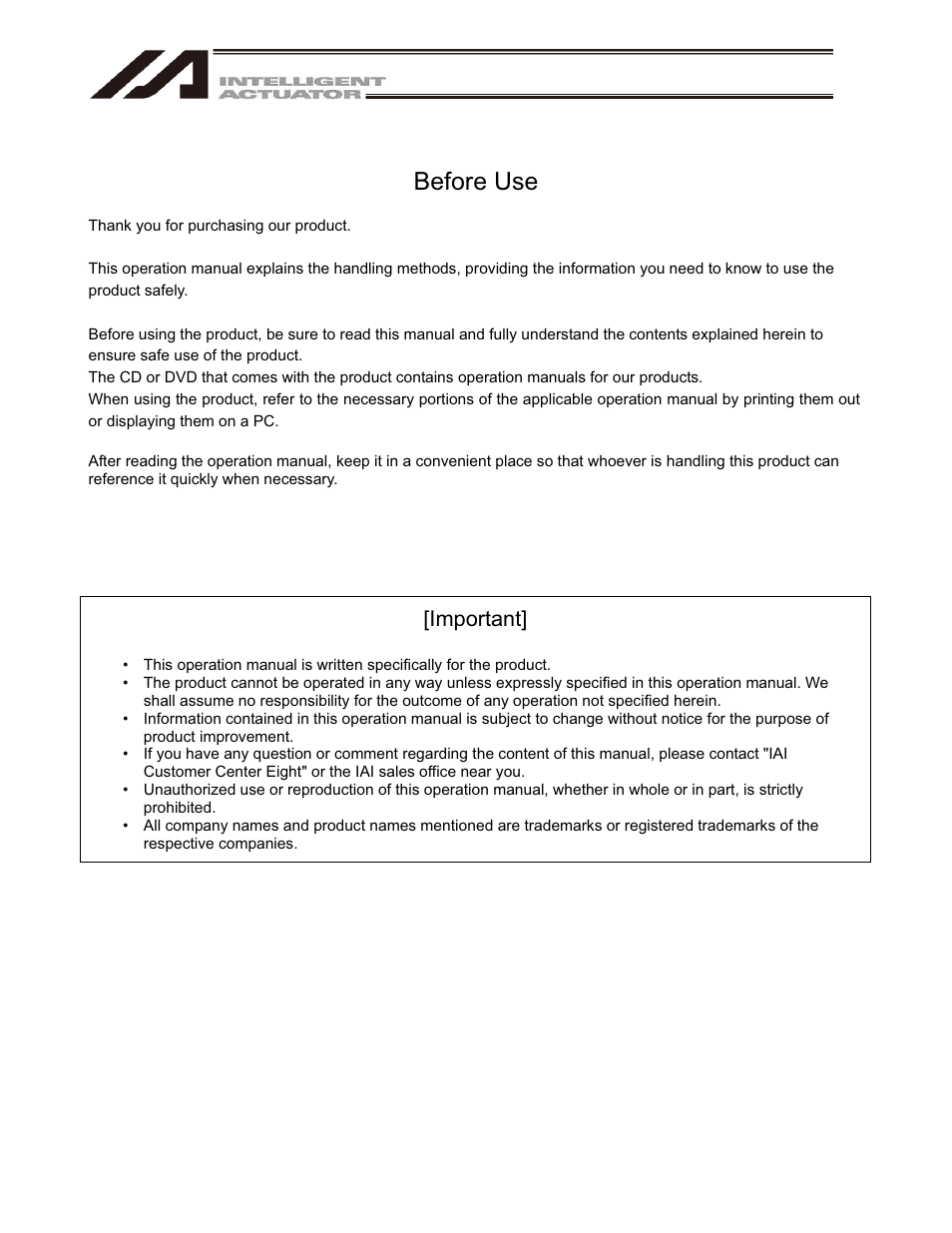 Before use, Important | IAI America IA-101-X-USBMW User Manual | Page 3 / 248