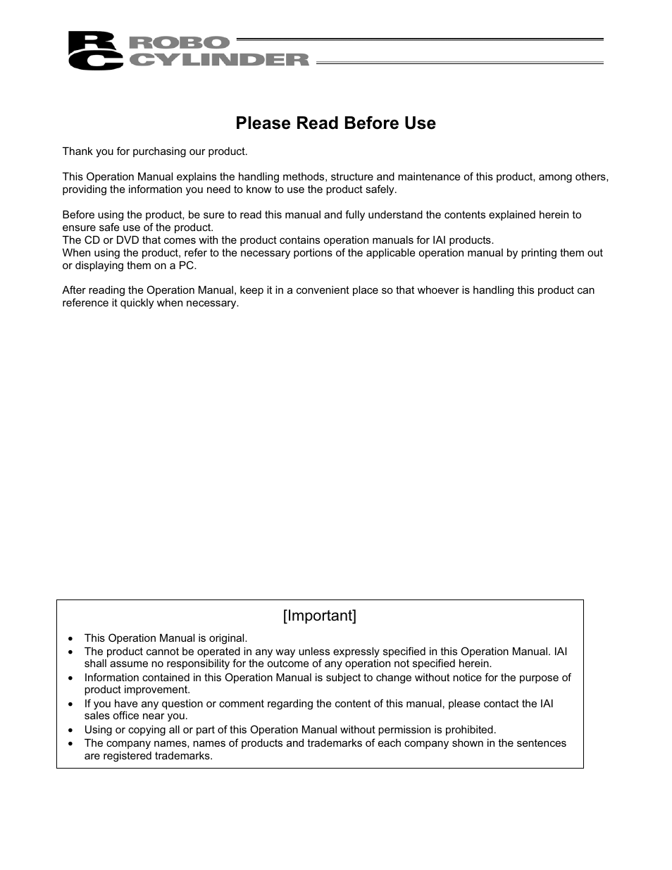 Please read before use, Important | IAI America RCM-101-USB User Manual | Page 3 / 264