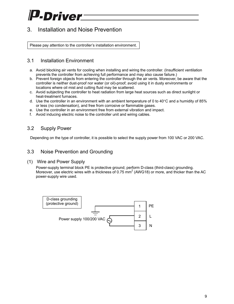 Installation and noise prevention, 1 installation environment, 2 supply power | 3 noise prevention and grounding | IAI America PDR-101-MW User Manual | Page 19 / 108