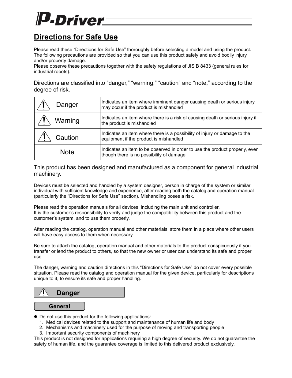 Directions for safe use, Danger, Warning | Caution | IAI America PDR-101-MW User Manual | Page 2 / 108