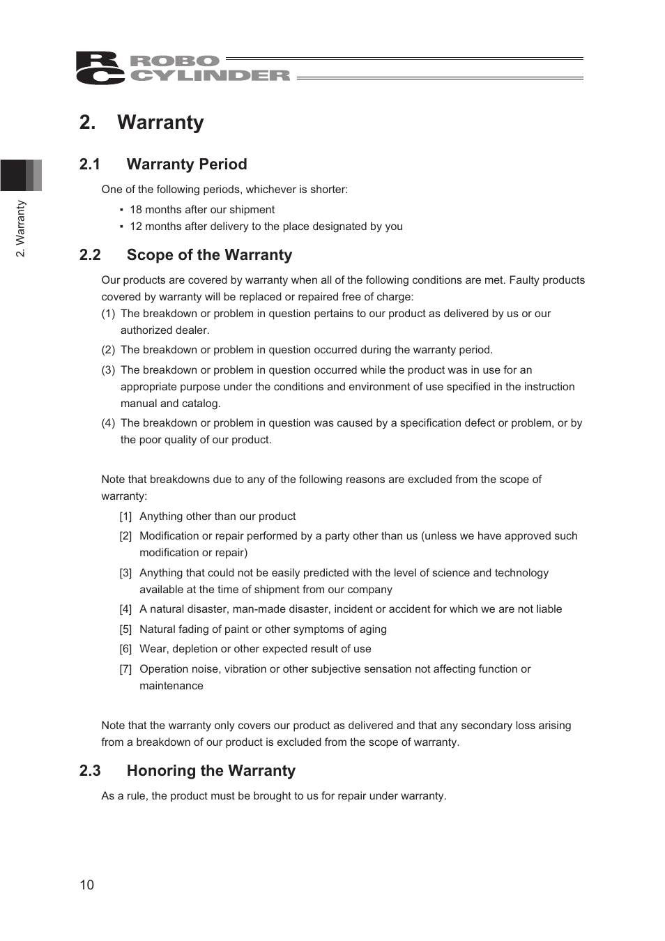 Warranty, 1 warranty period, 2 scope of the warranty | 3 honoring the warranty | IAI America CON-TG User Manual | Page 20 / 114