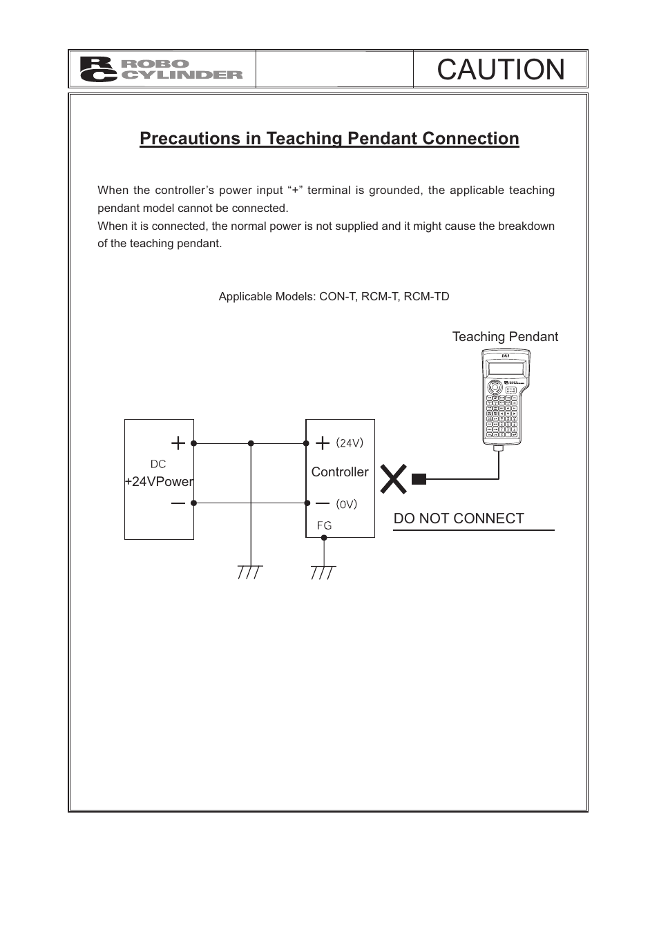 Precautions in teaching pendant connection, Caution | IAI America CON-TG User Manual | Page 6 / 114