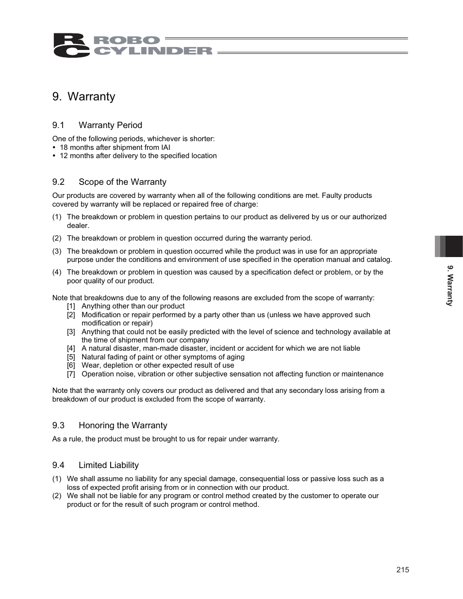 Warranty, 1 warranty period, 2 scope of warranty | 3 honoring the warranty, 4 limited liability | IAI America CON-PG User Manual | Page 221 / 226