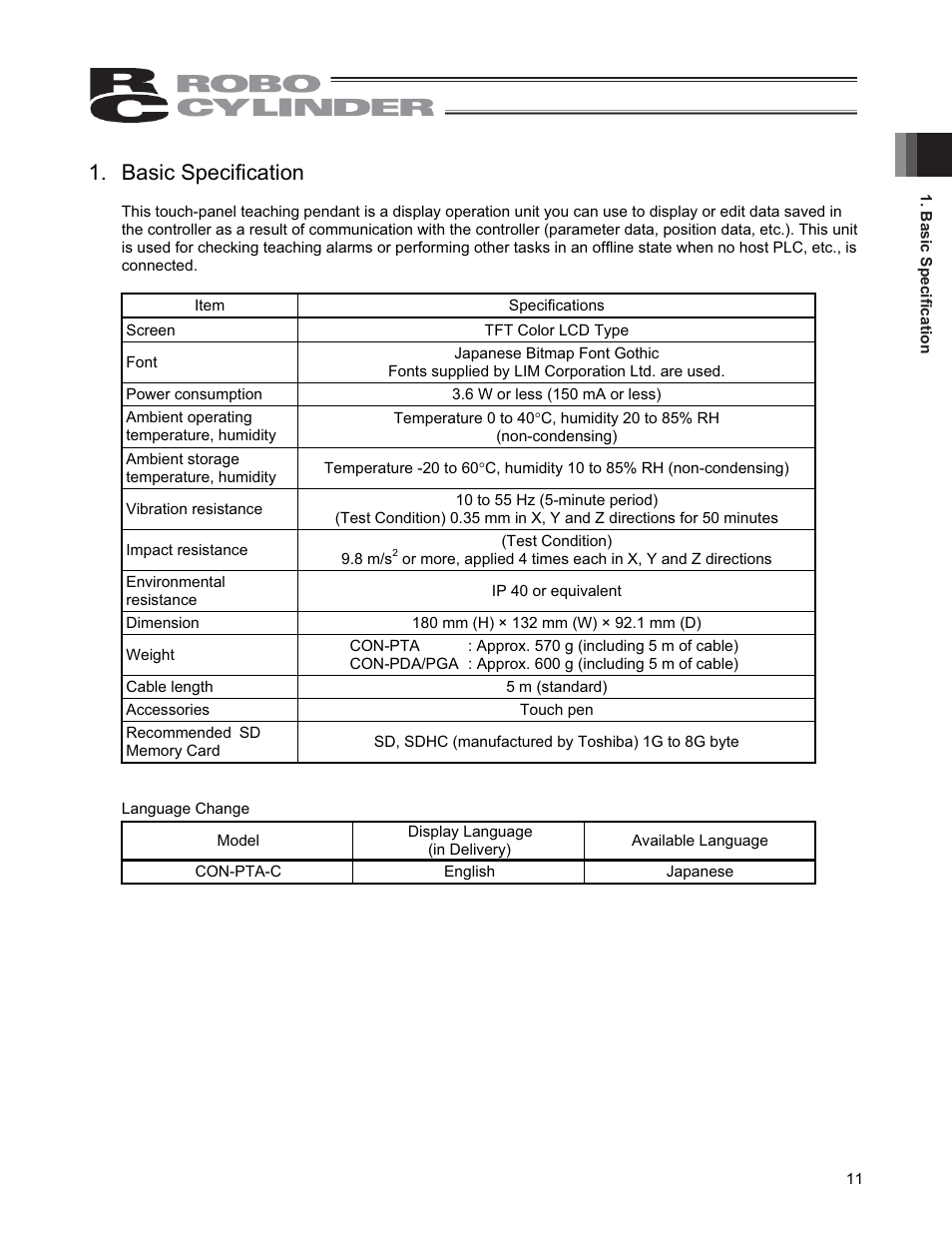 Basic specification | IAI America CON-PGA User Manual | Page 19 / 250