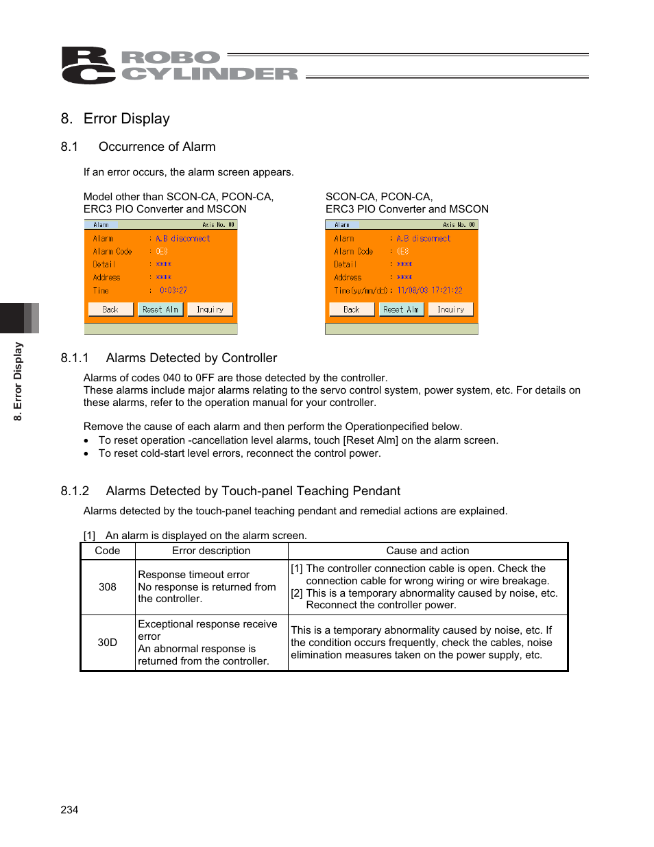 Error display, 1 occurrence of alarm | IAI America CON-PGA User Manual | Page 242 / 250