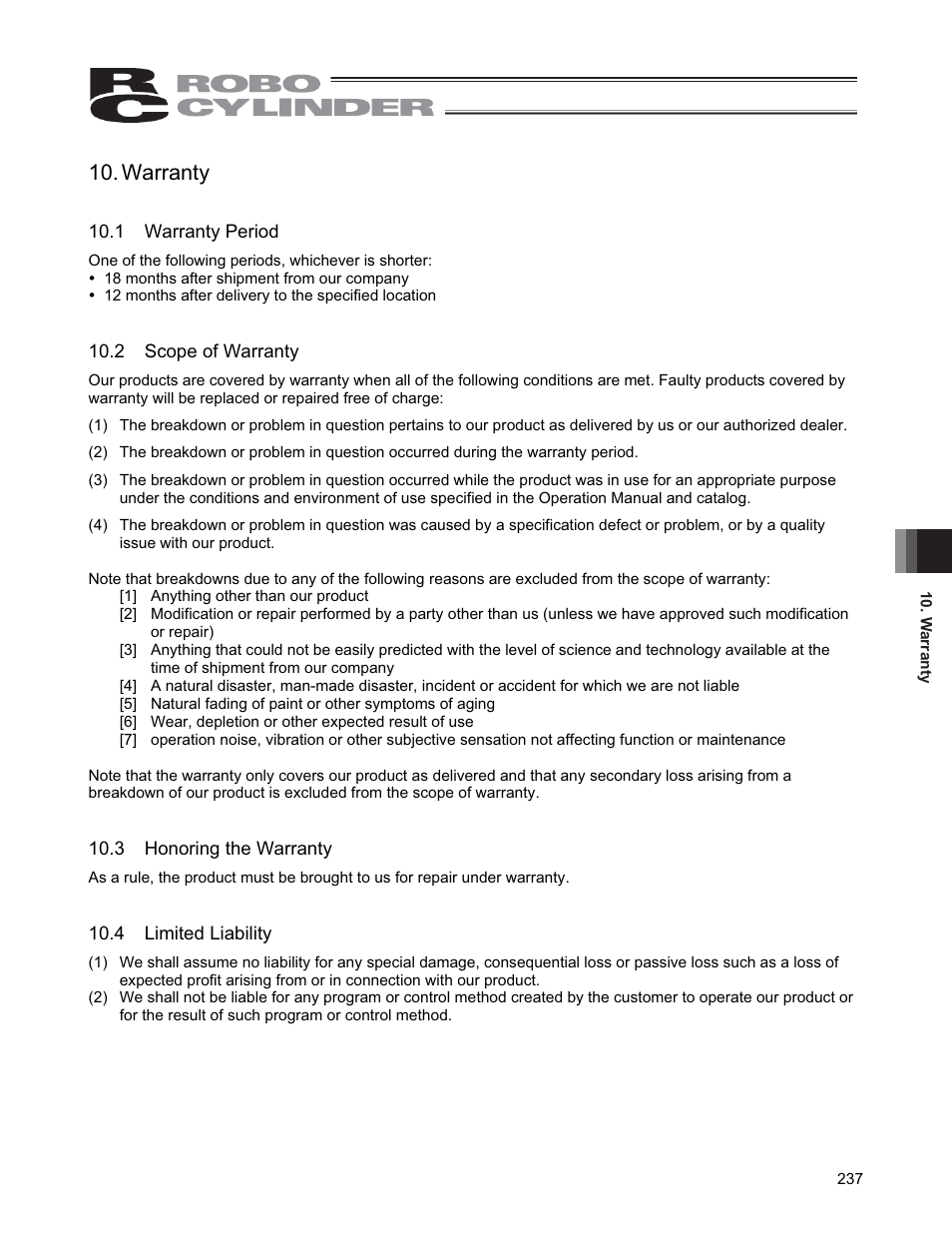 Warranty, 1 warranty period, 2 scope of warranty | 3 honoring the warranty, 4 limited liability | IAI America CON-PGA User Manual | Page 245 / 250