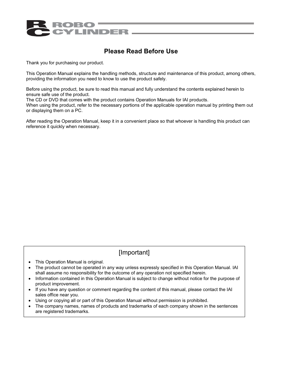 Please read before use, Important | IAI America CON-PGA User Manual | Page 3 / 250