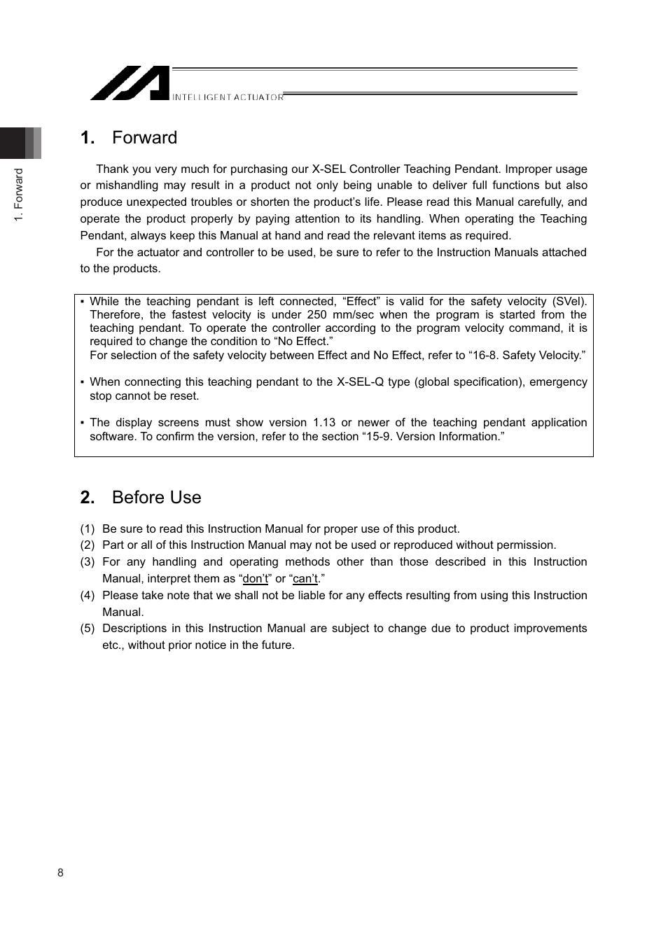 Forward, Before use | IAI America IA-T-XD User Manual | Page 16 / 150